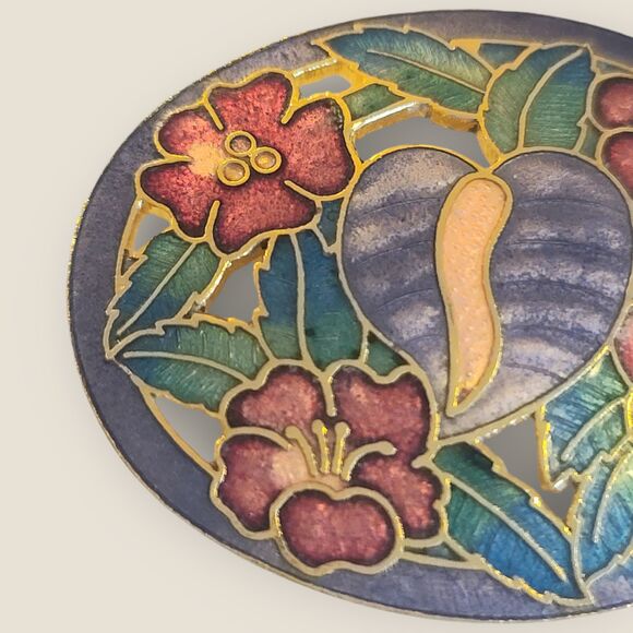 Vintage Gold Tone Cloisonne Tropical Arthurium Flowers Large Brooch Lapel Pin - Picture 6 of 10